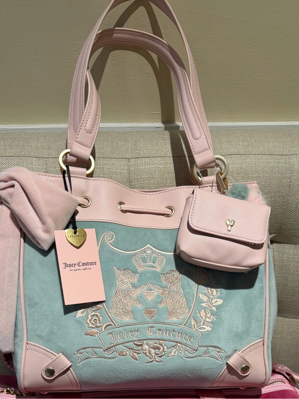 Juicy Couture Pink and Mint Embroidered Tote with Pouch